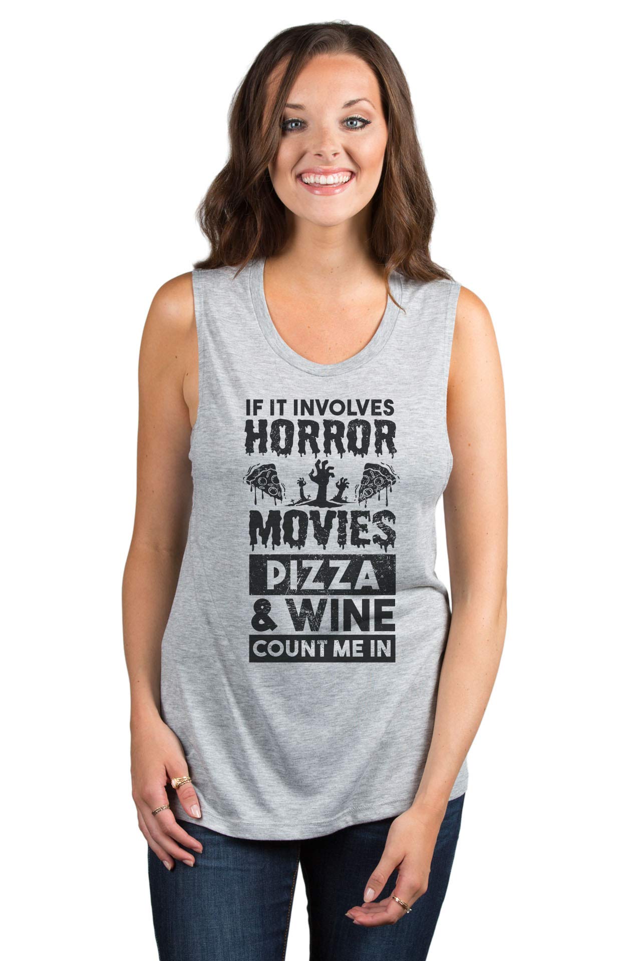 Horror Movie Pizza & Wine Women's Sleeveless Muscle Tank Top - Casual Summer Outfit for Parties, Concerts & Girls Night Out