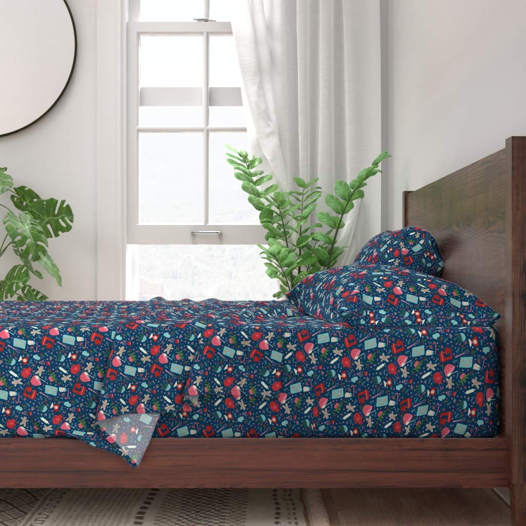 Premium 100% Cotton Twin 3-Piece Sheet Set | Baking Gingerbread Christmas Bowl Cactus Blue Holiday Print | Soft Custom Bedding for Cozy Winter Nights & Festive Kitchen Decor