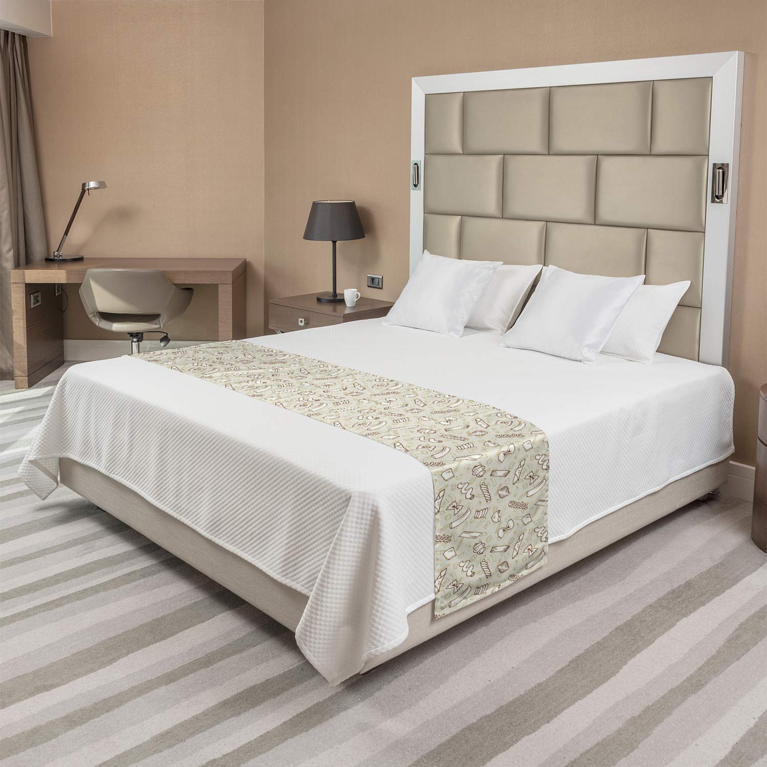 Ambesonne Italian Pasta Pattern Bed Runner - Traditional Cuisine Sketch Design, Decorative Bedding Scarf for Hotels, Homes & Guest Rooms in Eggshell Ivory | Perfect for Dining Room Decor, Kitchen Table Runner & Italian-Themed Bedroom Accent