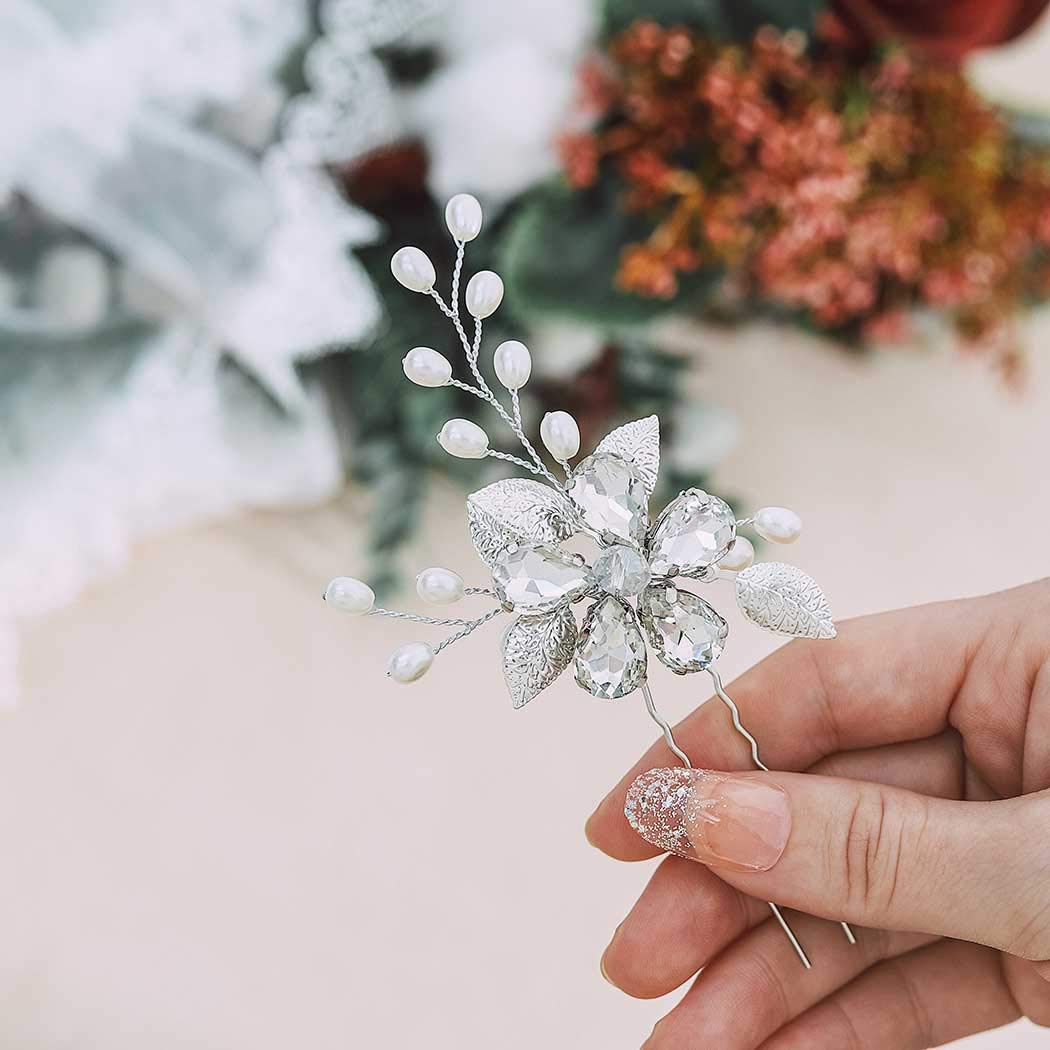 Sparkling Rhinestone Wedding Hair Pins - Silver Crystal Bridal Hair Clips with Pearl & Leaf Design - Elegant Hair Accessories for Bride, Bridesmaids & Women | Perfect for Weddings, Prom, Parties & Special Occasions