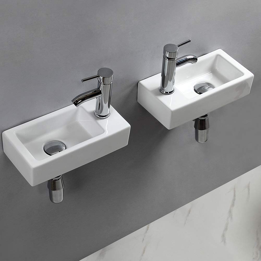 Wall Mounted Small Rectangular Ceramic Cloakroom Sink with Left-Hand Tap & Drain - Art Deco Style for Bathroom & Powder Room