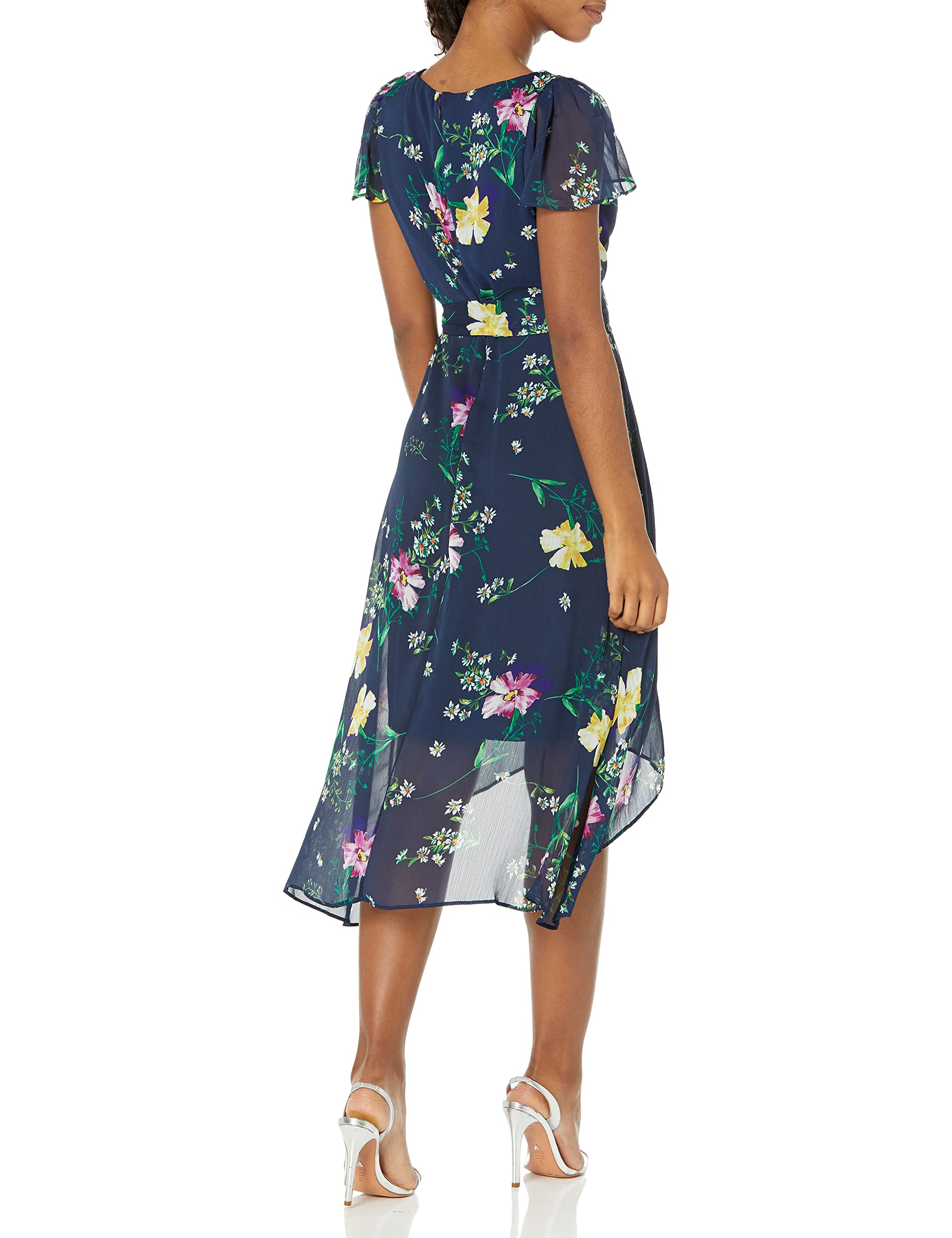 DKNY Women's Short Sleeve Asymmetrical Hem Faux Wrap Dress - Navy Multi Floral Print, Size 6 | Casual Office Wear & Summer Party Dress for Women