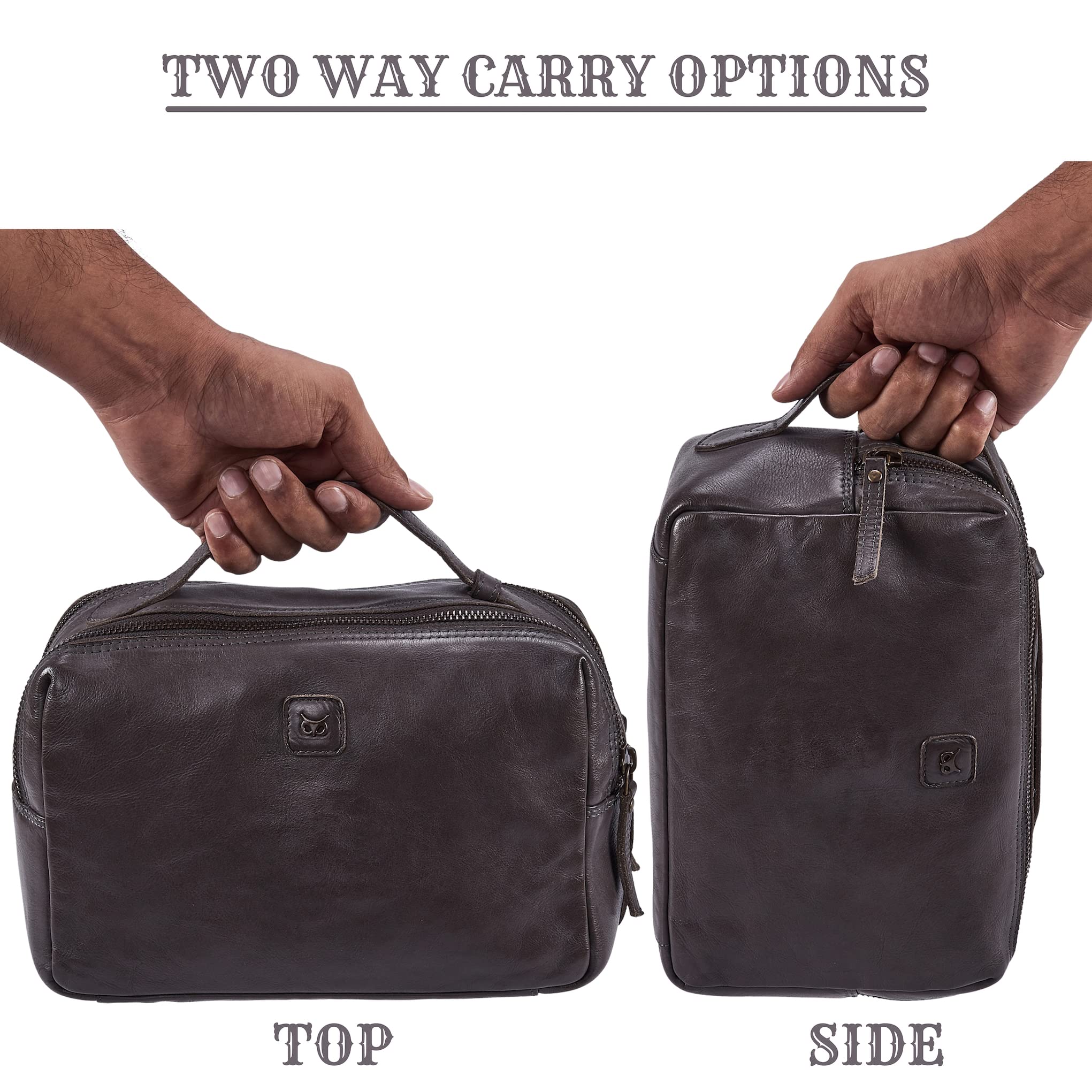 Premium Genuine Leather Toiletry Bag for Men & Women - Double Compartment Travel Shaving Pouch & Cosmetic Organizer | Ideal for Business Trips, Vacations & Gym Essentials (Wise Owl Accessories)