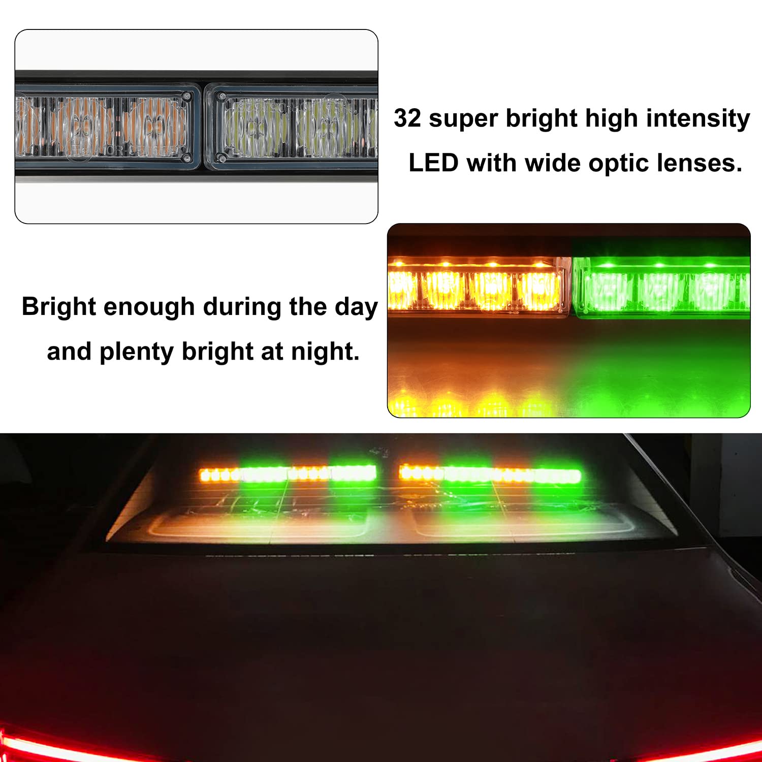 ASPL 2x16.8 Inch Emergency LED Strobe Light Bar - 32 Super Bright LEDs, 26 Flash Patterns, Amber/Green Warning Lights for Trucks, Police Vehicles & Road Safety | Interior/Exterior Use for Traffic Control & Emergency Signaling
