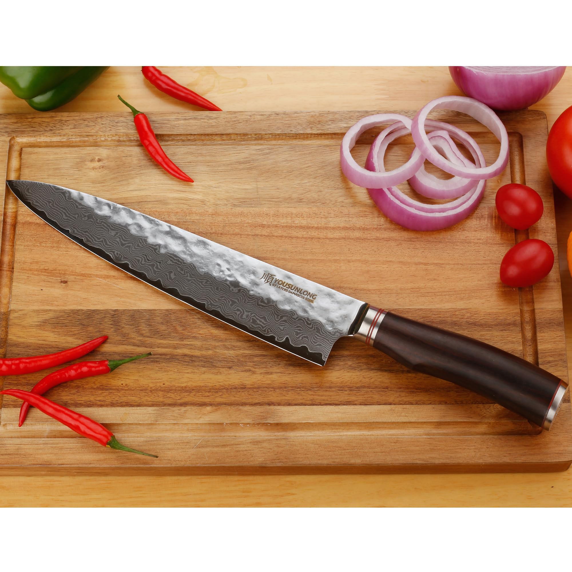 YOUSUNLONG 12-inch Professional Japanese Damascus Steel Gyuto Chef Knife - Razor Sharp Kitchen Knife with Hammered Finish & Ebony Wood Handle - Includes Leather Sheath - Perfect for Slicing, Dicing, and Precision Cooking