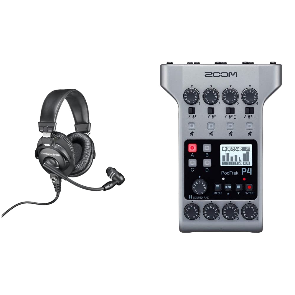 Audio-Technica BPHS1 Professional Broadcast Stereo Headset with Dynamic Cardioid Boom Mic (Black) | Zoom PodTrak P4 4-Channel Podcast Recorder with USB Connectivity | Perfect for Podcasting, Live Streaming & Voice Recording