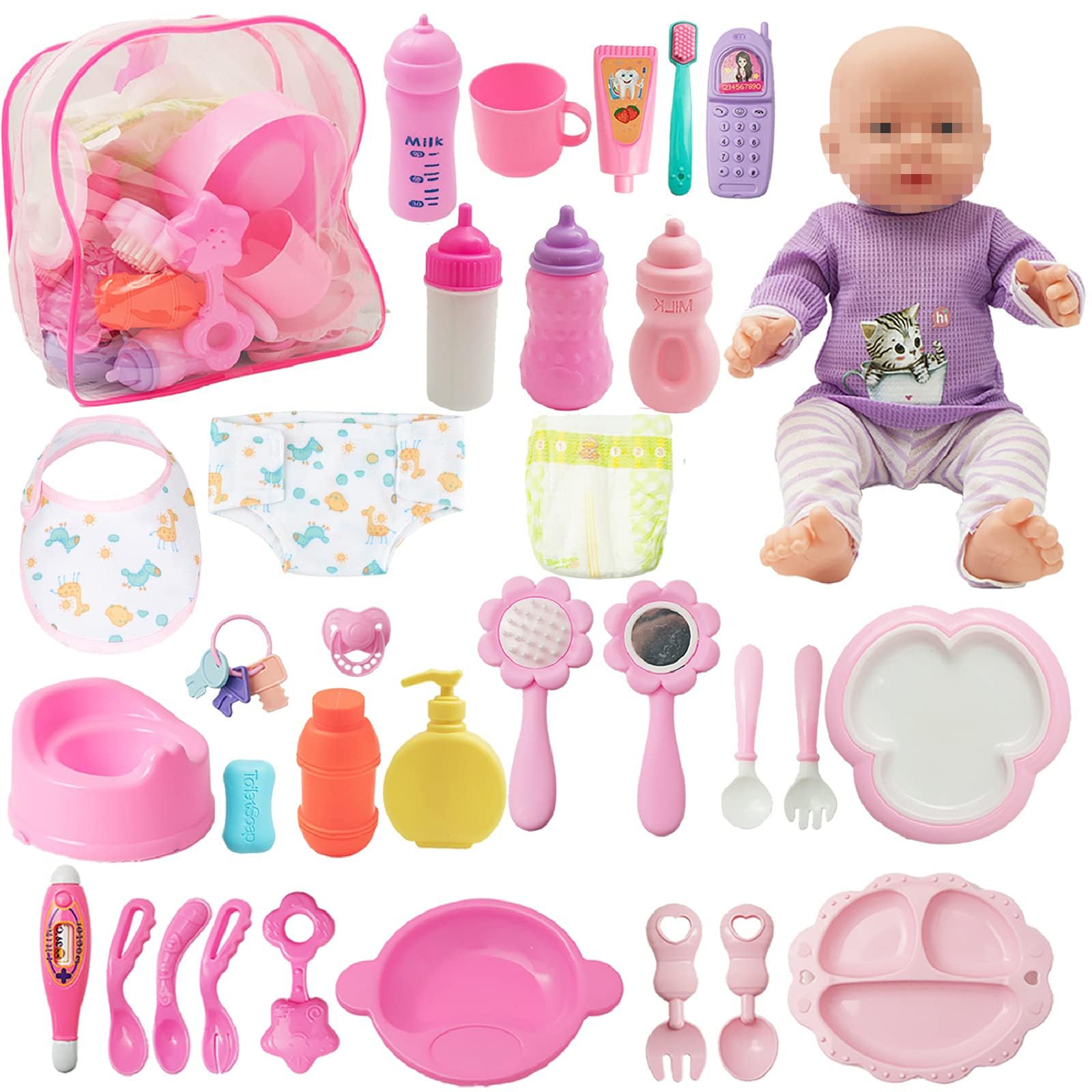 SOTOGO 34-Piece Baby Doll Care Set - Feeding & Changing Accessories for Toddlers - Includes Bottle, Diapers, Comb & More - Perfect for Pretend Play & Role-Playing Games (Doll Not Included) - Great Gift for 3+ Year Old Girls