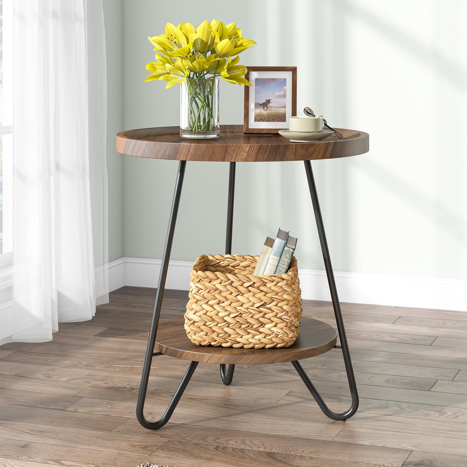 Tribesigns 2-Tier Round Side Table with Metal Legs - Modern Industrial End Table, Small Accent Table for Living Room, Bedroom, Office - Easy Assembly Brown Wood Finish - Perfect for Snacks, Drinks, Books & Plants in Compact Spaces