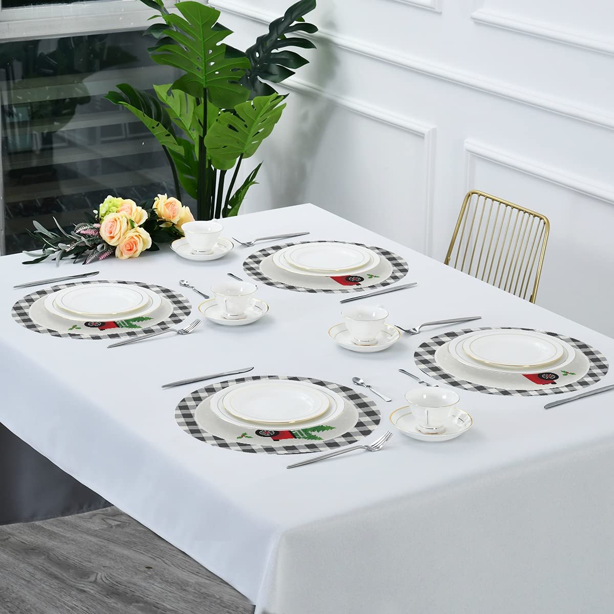 Christmas Truck & Buffalo Plaid Round Placemats Set of 1 - 15 Inch Non-Slip Dining Table Mats for Kitchen, Holiday Decor, Home & Wedding - Easy Clean Festive Table Setting Accessories