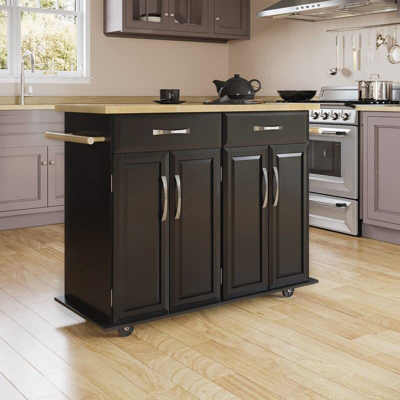 **Black Kitchen Island Cart with Storage Cabinet & Drawer - 48x18x36 Inches, Rubber Wood Top, Mobile Kitchen Island on Wheels with Towel Rack - Perfect for Small Kitchens, Dining Room Storage & Food Prep**