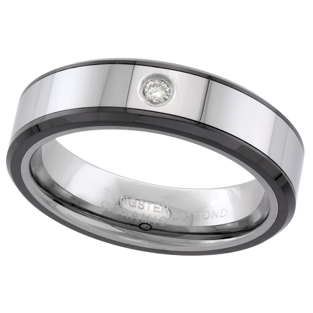 Sabrina Silver 2-Ring Set 6mm & 8mm Tungsten Diamond Wedding Band for Him & Her - Black Ceramic Beveled Edges, Comfort Fit Sizes 5-13 - Perfect for Anniversaries, Engagements and Couple Jewelry Gifts