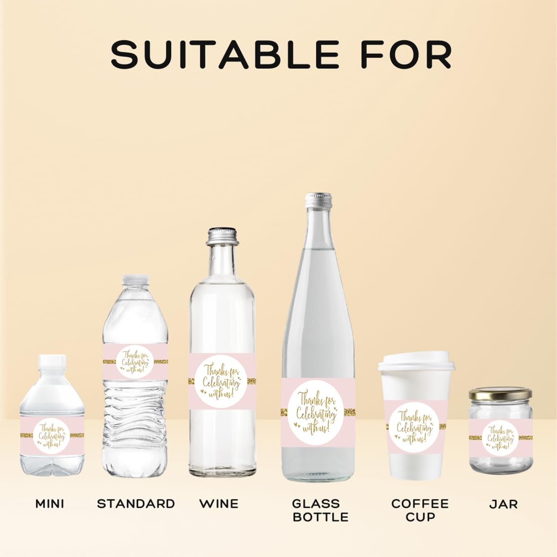 Blush Pink Gold Glitter Water Bottle Labels - 20-Pack Bridal Shower, Sweet 16, Wedding Stickers for Custom Drink Wraps | Perfect for Party Decorations, Baby Showers & Special Events