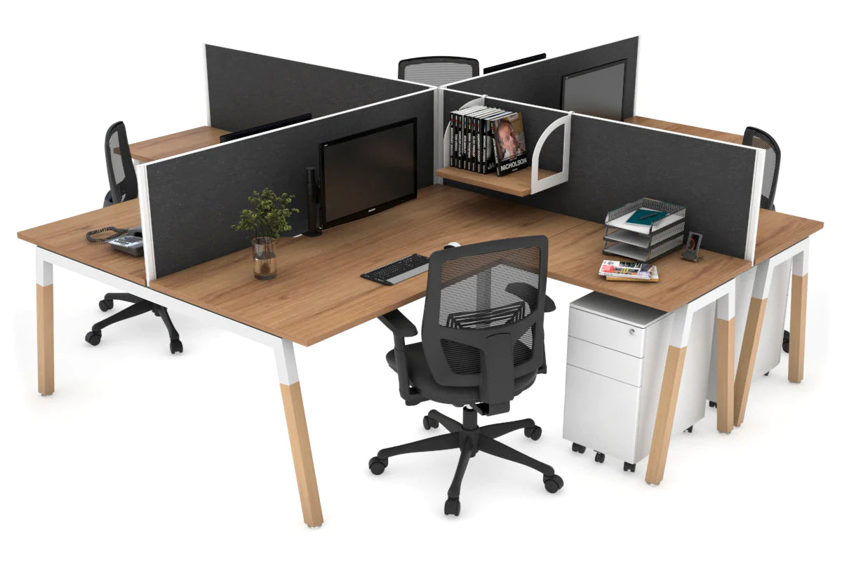 Quadro Wood A Legs Cross Beam 4-Person Corner Workstation Desk - 1600L x 1800W with Cable Management Scallop - Perfect for Office, Home Workspace & Collaborative Environments