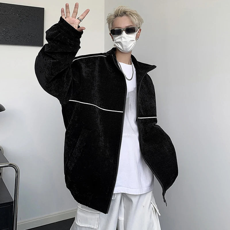 American Style Men's Loose Stand Collar Jacket - Vertical Stripe Contrast Color Casual Coat with Zippers | Trendy Streetwear for Fall & Winter | Perfect for Daily Wear, Outdoor Activities and Fashion Statements (Style 9C6596)
