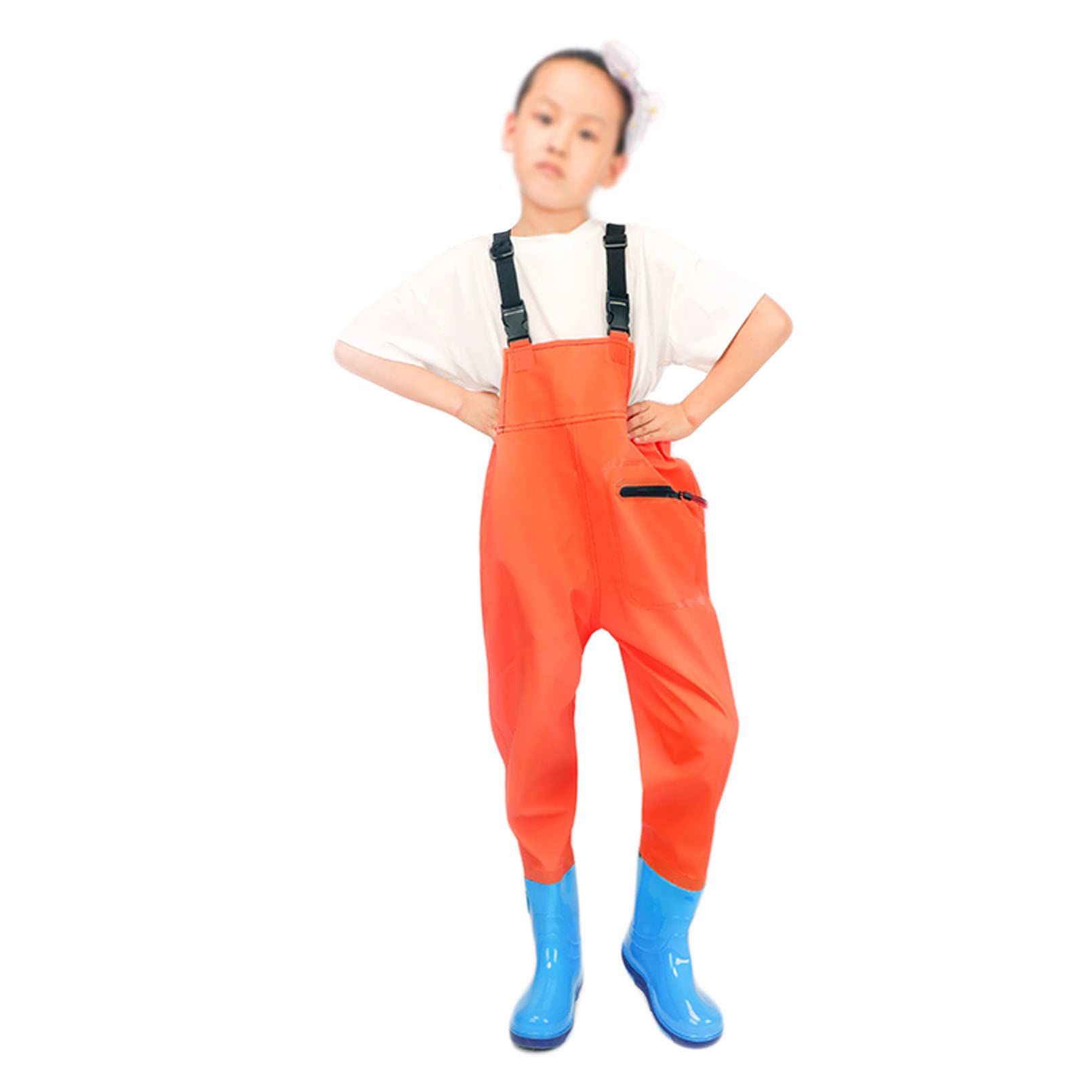 **Kids Waterproof Fishing Waders with Non-Slip Boots - Adjustable Shoulder Straps & Zippered Pocket - Orange, Size 29EU - Perfect for Outdoor Fishing, Puddle Jumping & Water Play**