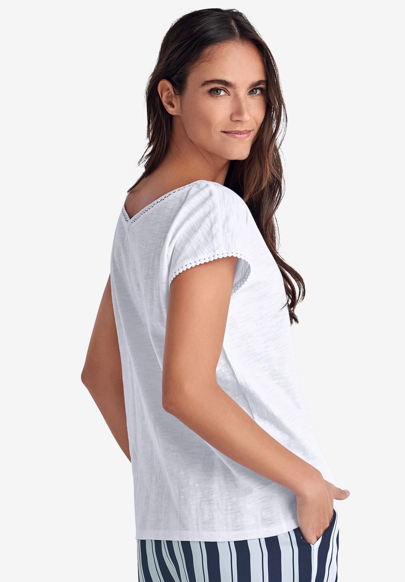 Ellos Women's Plus Size Crochet Trim T-Shirt - Soft & Stylish Casual Top for Everyday Wear, Date Night & Summer Outfits