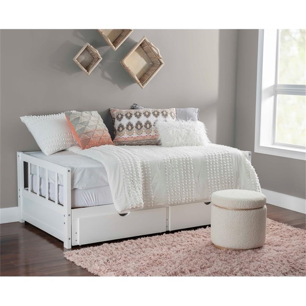 Powell Furniture Linon Macey White Wood Storage Trundle Daybed with Drawer - Perfect for Guest Room, Kids Bedroom & Small Space Living