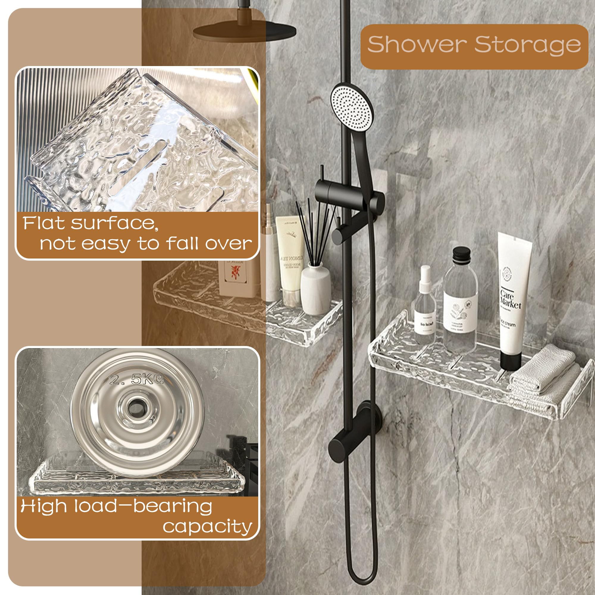 Clear Acrylic No-Drill Wall Mount Adhesive Shower Storage Shelf - Floating Bathroom Organizer for Shampoo, Soap & Beauty Products | Perfect for Small Spaces & Rental Homes