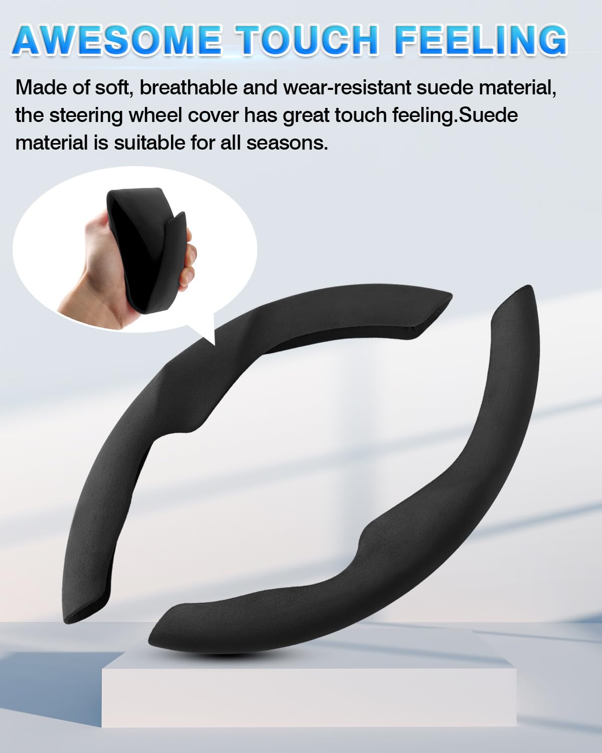 Premium Custom Fit Suede Steering Wheel Cover for Tesla Model Y (2020-2025) & Model 3 (2017-2024) - 2-Pack Black Steering Wheel Protector Accessories | Enhanced Grip & Luxury Feel for Daily Commuting & Road Trips