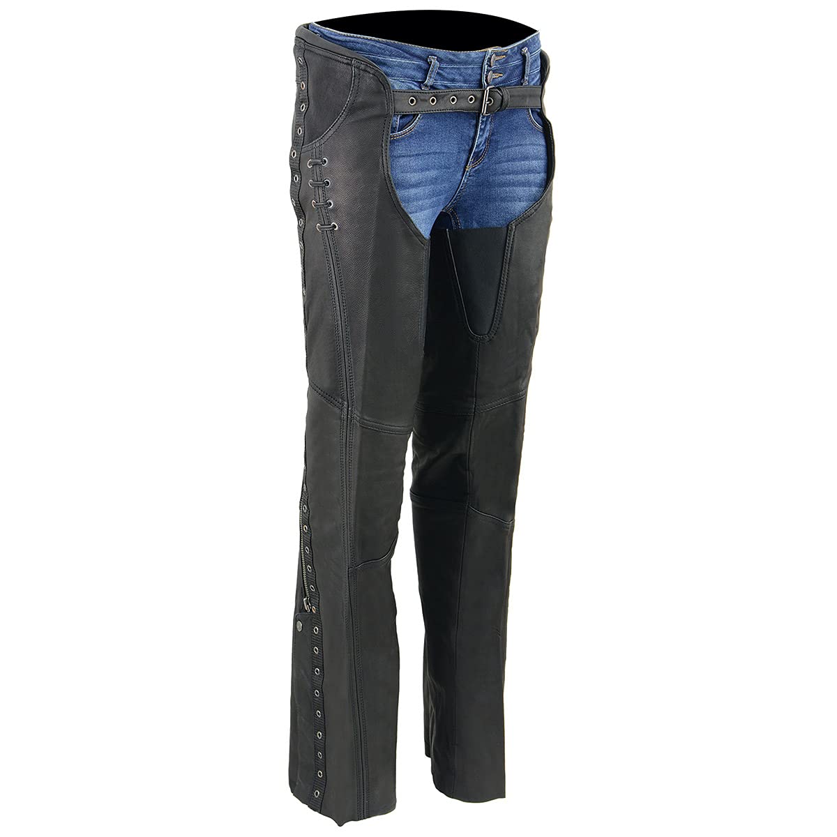 Premium Black Goat Skin Leather Motorcycle Chaps for Women - Lightweight, Durable & Stylish with Accent Lacing | Perfect for Riding, Biker Events & Outdoor Adventures - MLL6535