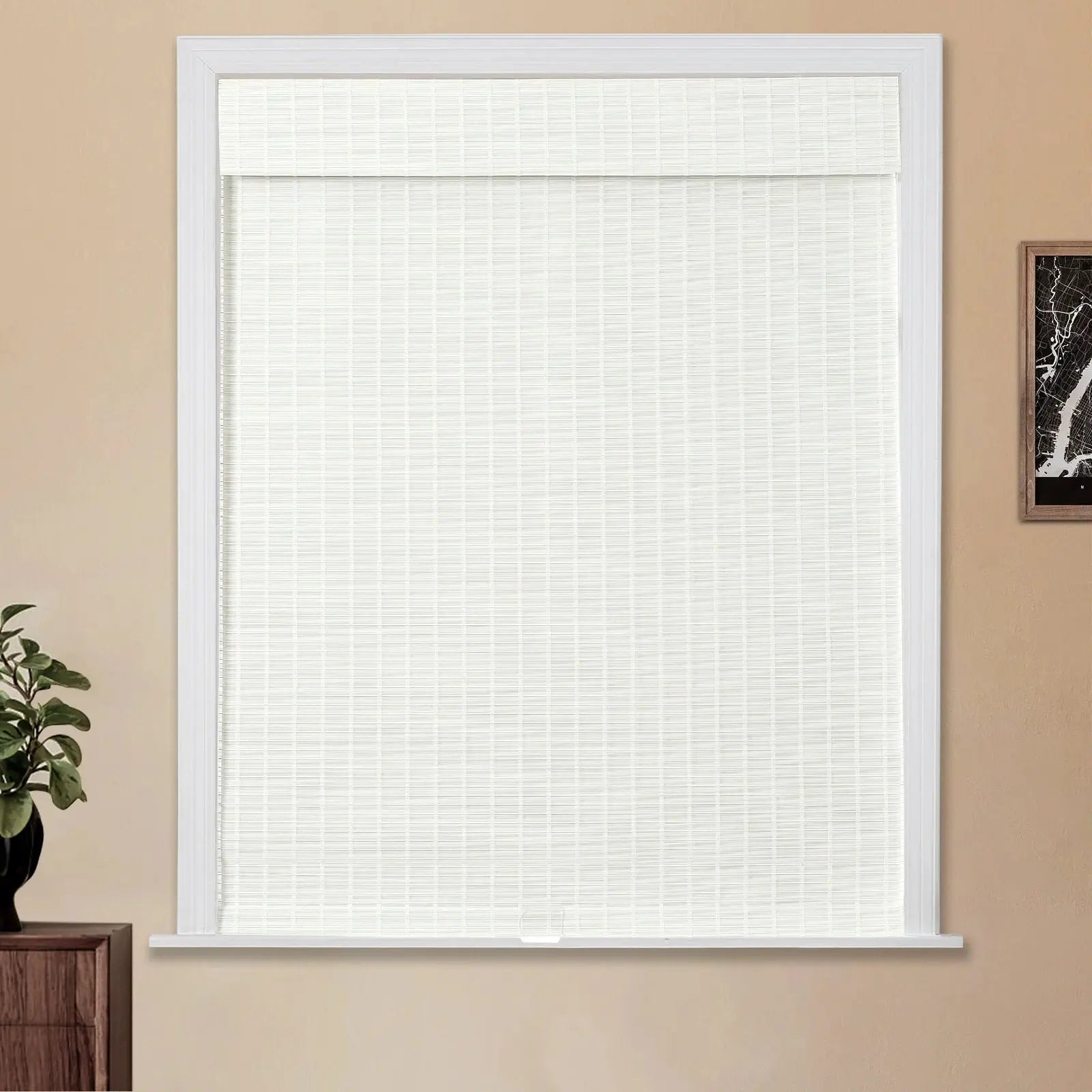 Sybil Bamboo Roman Shade - Natural Beige & White Window Treatment for Living Room, Bedroom & Office | Eco-Friendly Roller Blind for Privacy & Sun Protection