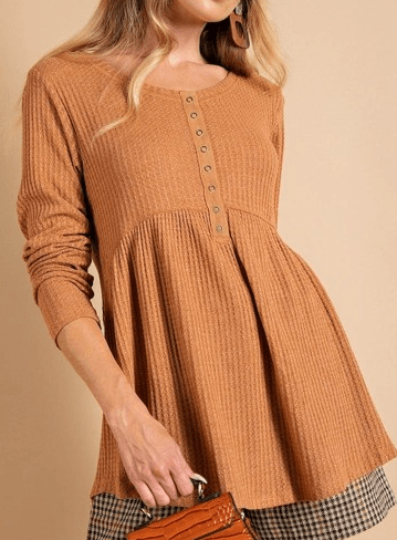 Women's Rust Thermal Eyelet Top - Long Sleeve Button Down Shirt for Fall & Winter - Perfect for Layering, Casual Outfits, and Outdoor Adventures