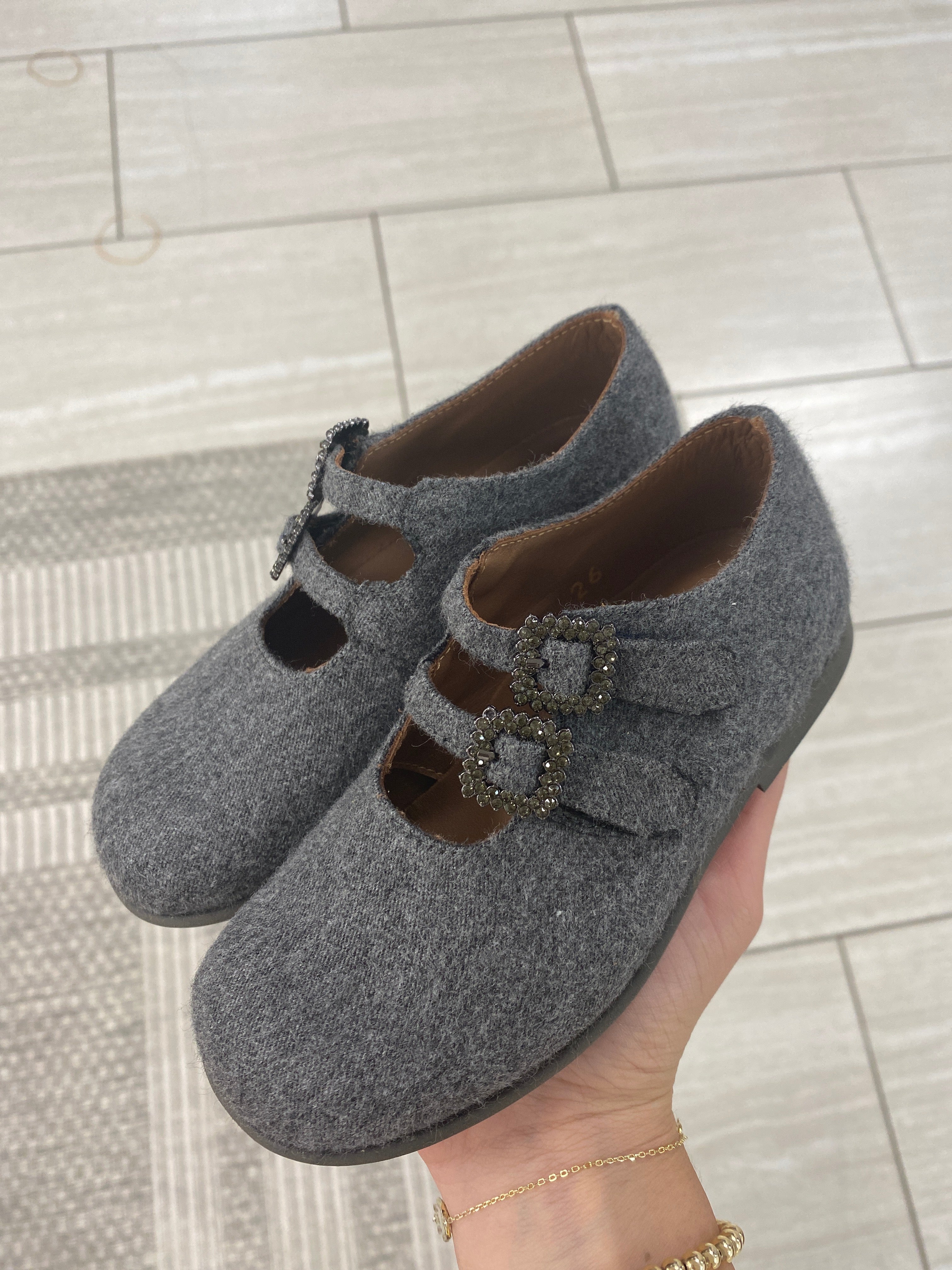Pepe Gray Wool Double Strap Mary Jane Shoes - Comfortable & Stylish Women's Flats for Work, Office & Casual Wear