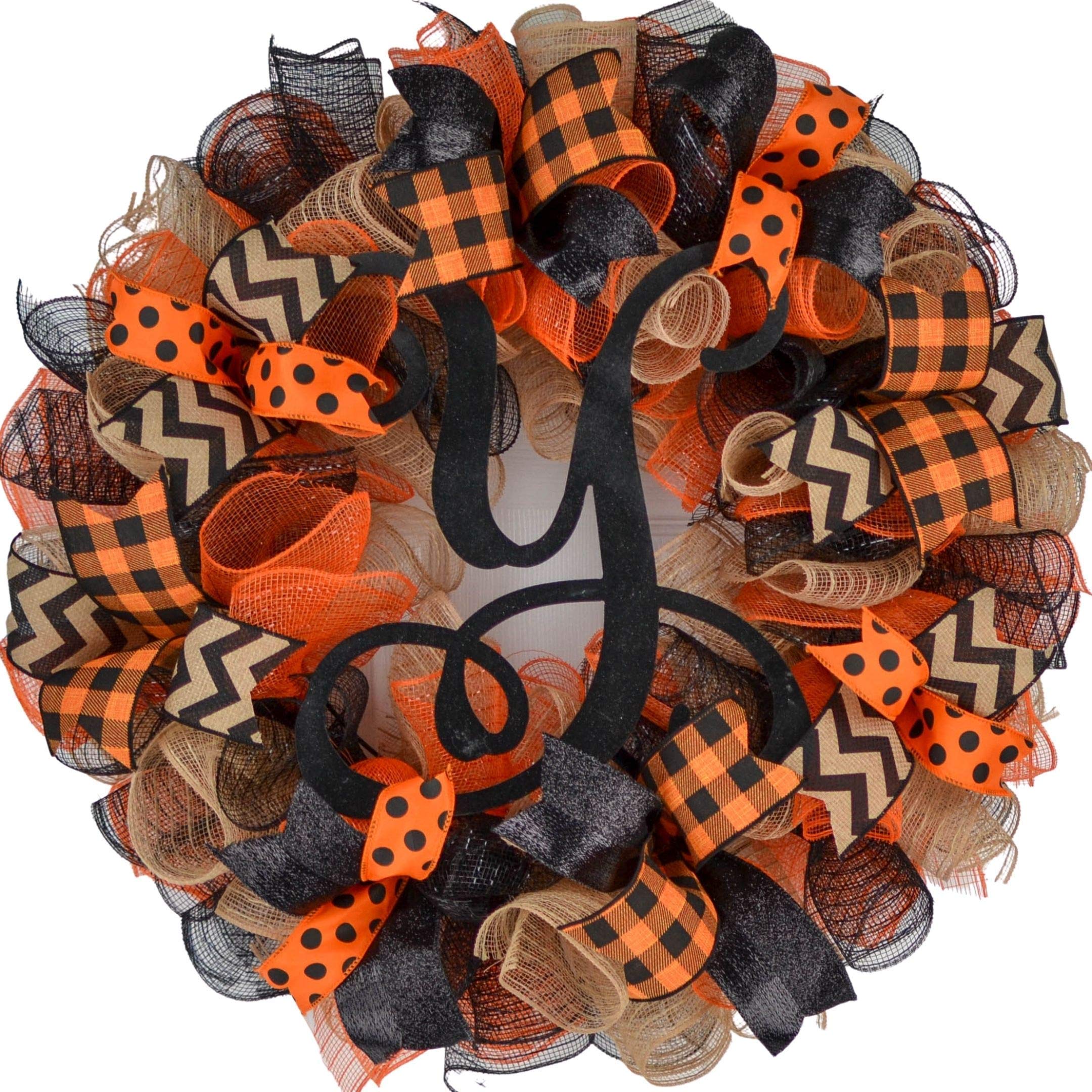 Halloween Office Decor - Black Burlap Orange Farmhouse Monogram Letter Wreath for Door | Spooky Welcome Sign for Halloween Party, Home & Office Decoration