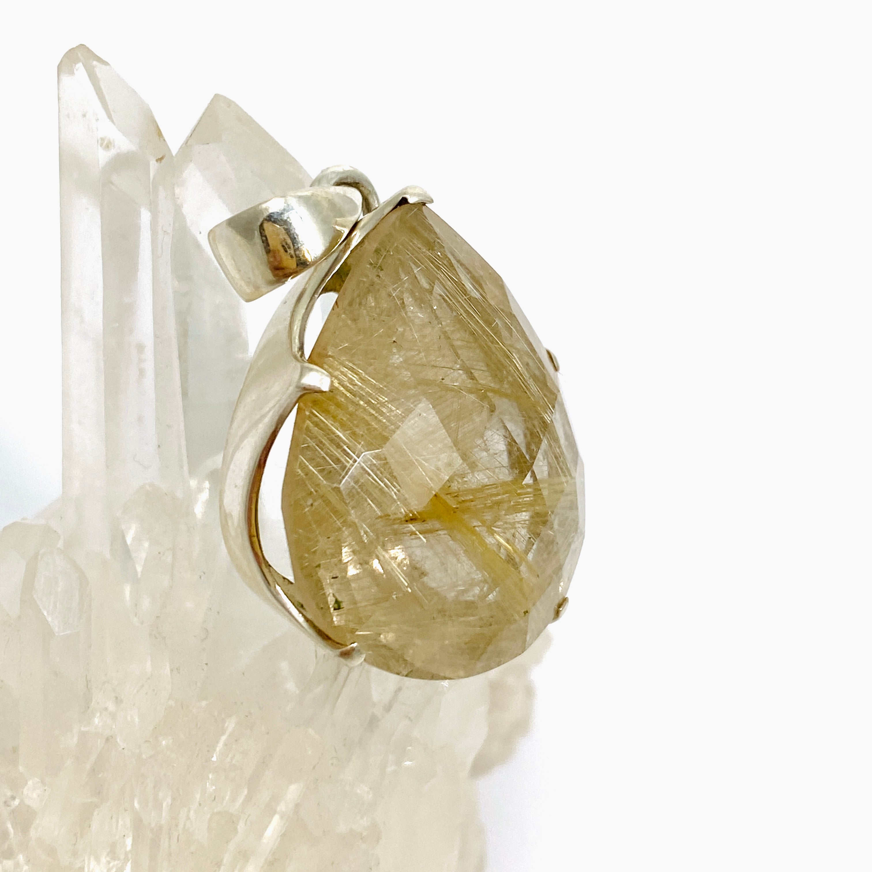 Golden Rutile Quartz Teardrop Faceted Pendant Necklace - Checkerboard Cut Gemstone Jewelry for Women - Perfect for Elegant Evening Wear & Boho Fashion