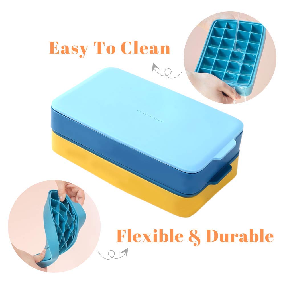 Vemolea 2-Pack Silicone Ice Cube Trays with Lid - 24 Easy Release Ice Molds for Whiskey, Wine, Cocktails, Juice & Soup | Flexible Ice Maker for Home & Party | Christmas Gift Ideas (Blue & Yellow)