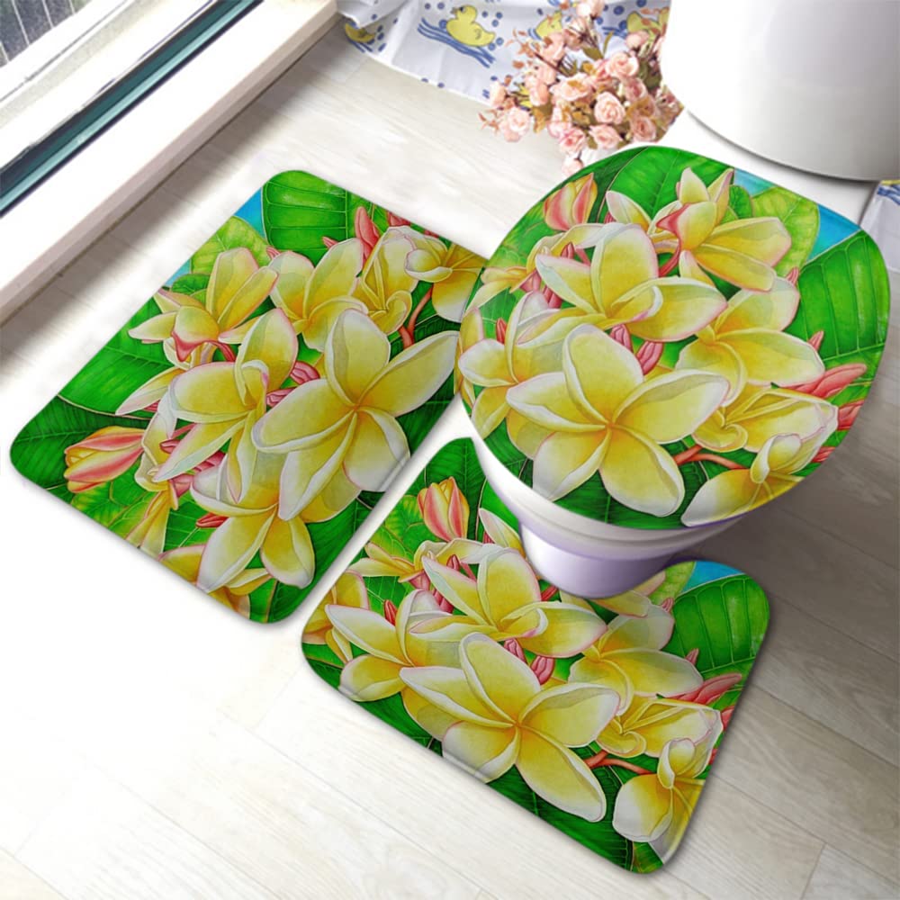 **Zaueky 3-Piece Bathroom Rug Set - Non-Slip Passion Flower Design with Rubber Backing, U-Shaped Contour Rug & Toilet Lid Cover - Hawaiian Frangipani Spring Blooming Theme for Bathroom Decor**    *(Perfect for Adding a Tropical Touch to Your Bathroom, Guest Room, or Beach House Decor)*