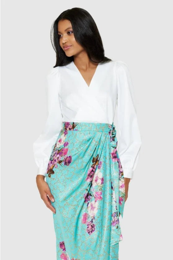 Paula Pencil Wrap Midi Dress in Turquoise - Flattering Bodycon Dress for Work, Date Night & Special Occasions