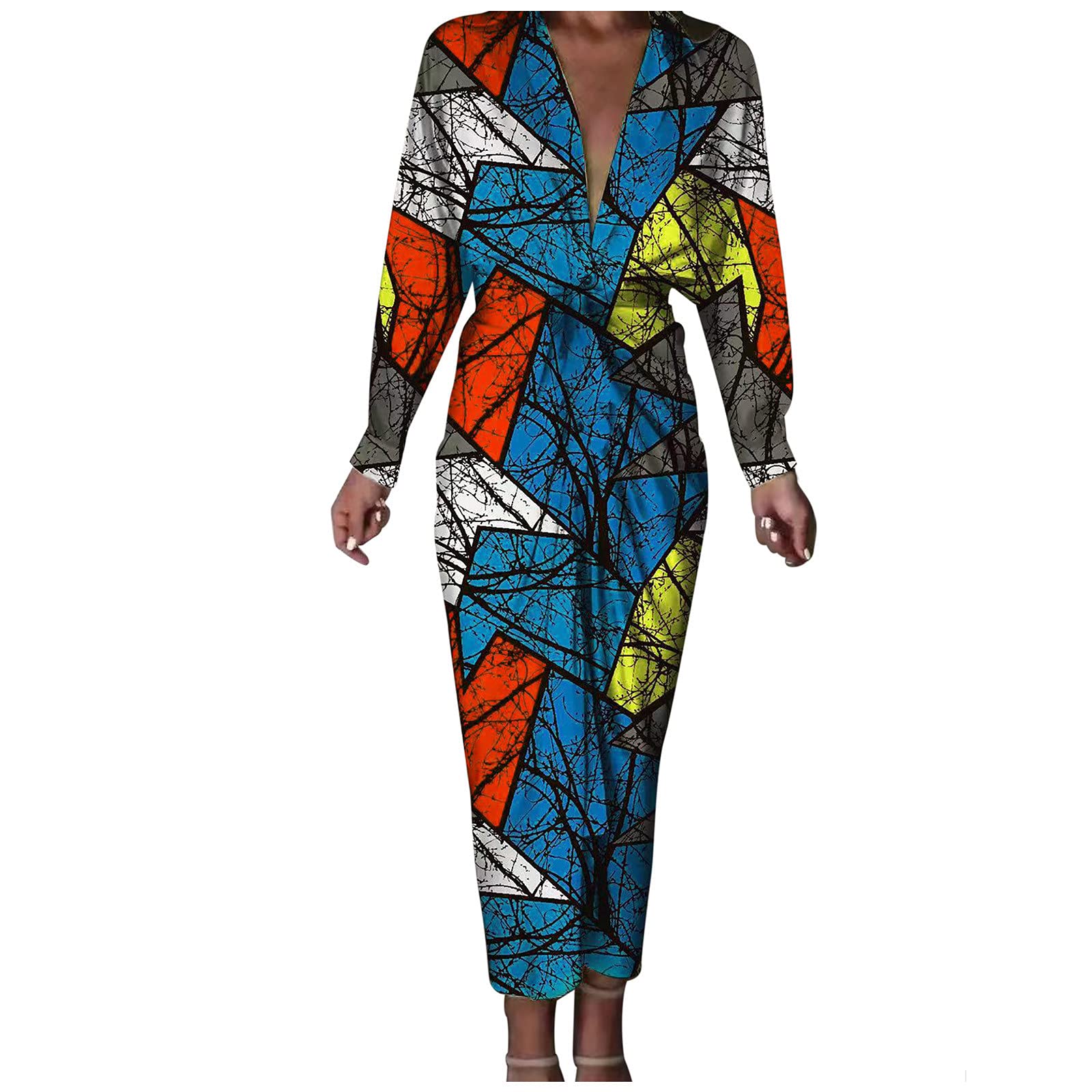 Sexy Women's Deep V-Neck Long Sleeve Printed Party Dress with Tie Waist - Elegant Fall Maxi Dress for Night Out, Club Wear & Casual Date Nights