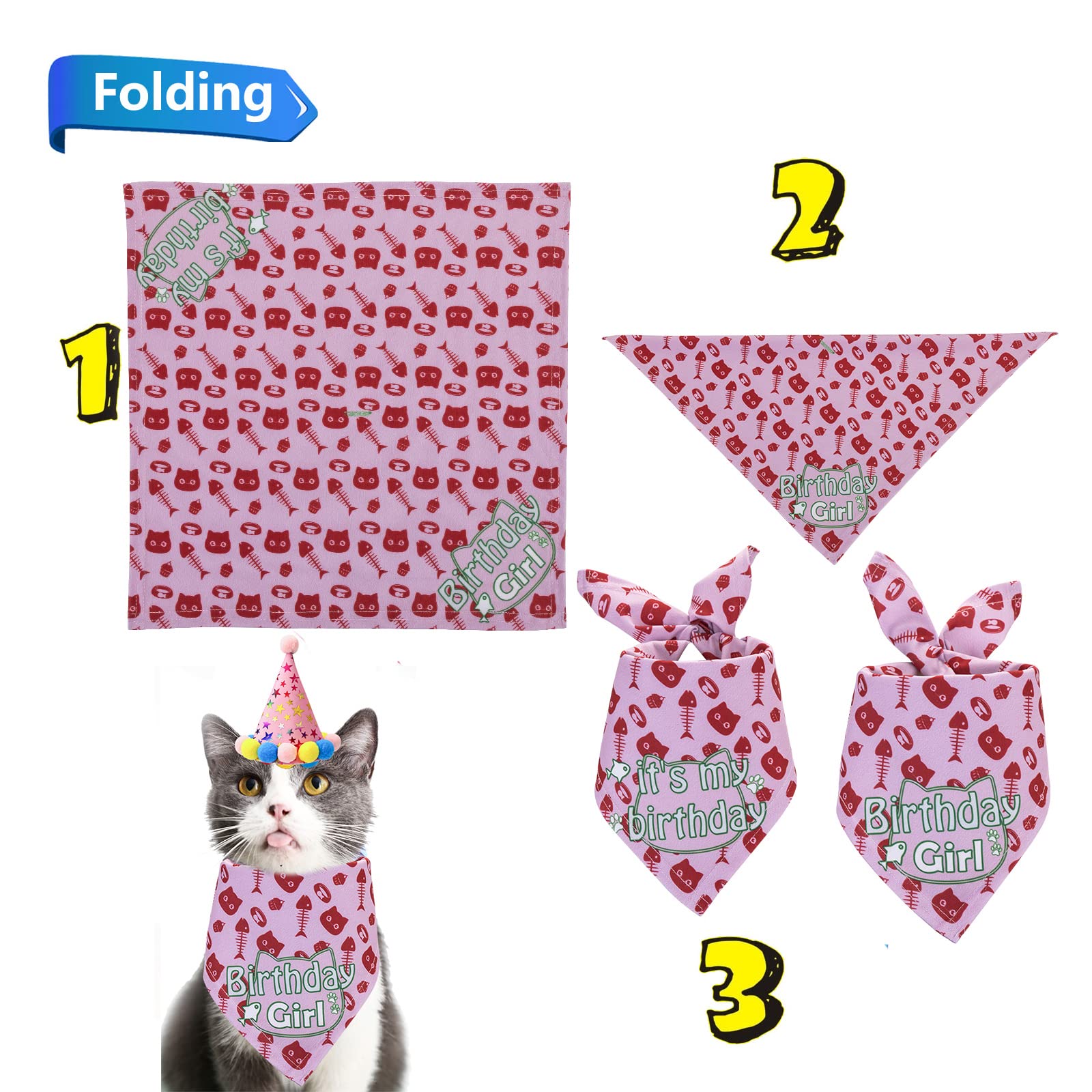 TCBOYING Cat Birthday Bandana & Hat Scarf - Cute Pet Birthday Party Decorations for Cats & Dogs - Perfect for Birthday Celebrations, Photo Shoots & Special Occasions