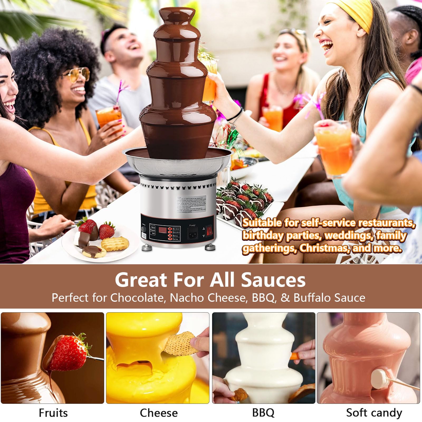 Commercial Chocolate Fountain Machine - 4 Tier Stainless Steel Melting Fountain for Chocolate, Cheese, Queso, Candy & Liqueur | Perfect for Weddings, Parties & Events | Elegant Dessert Display for Buffets, Catering & Special Occasions