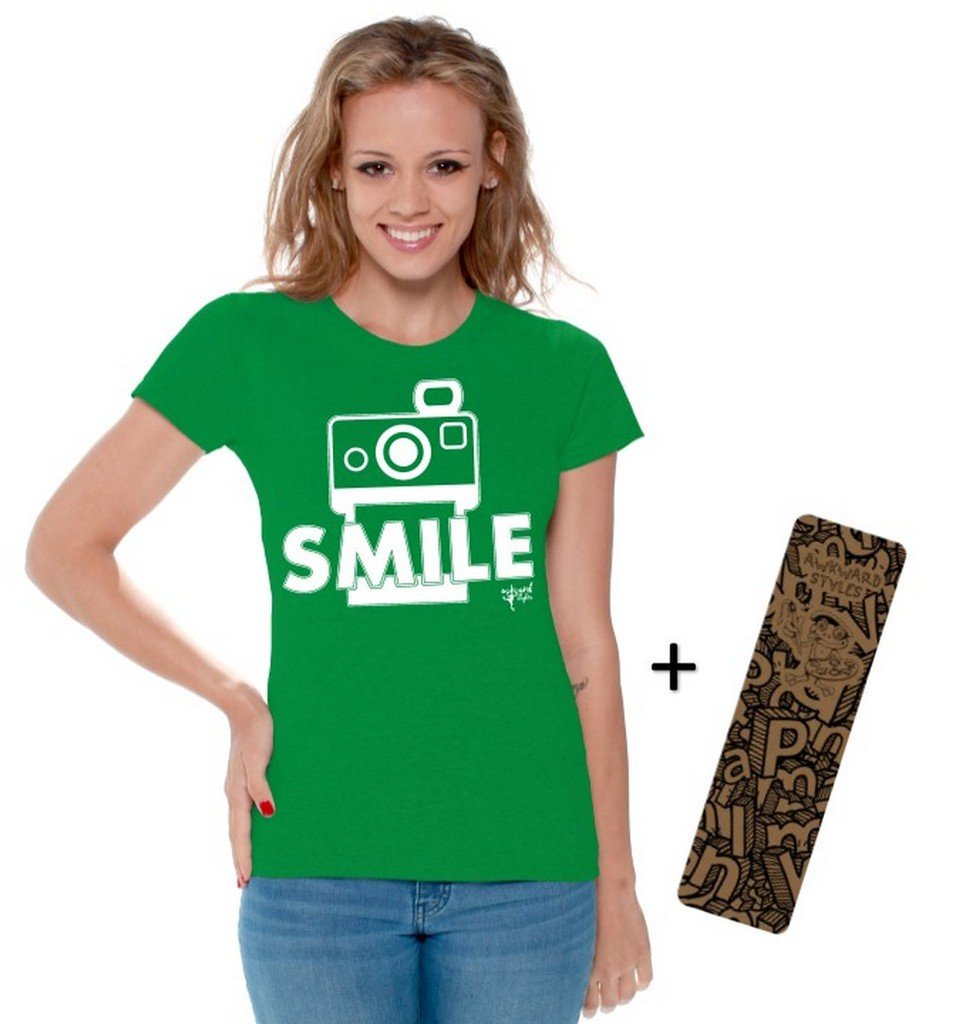 Awkwardstyles Women's Funny Smile Face Graphic T-Shirt - White Cotton Casual Tee with Free Bookmark - Perfect for Photographers, Selfie Lovers & Funny Gift Ideas