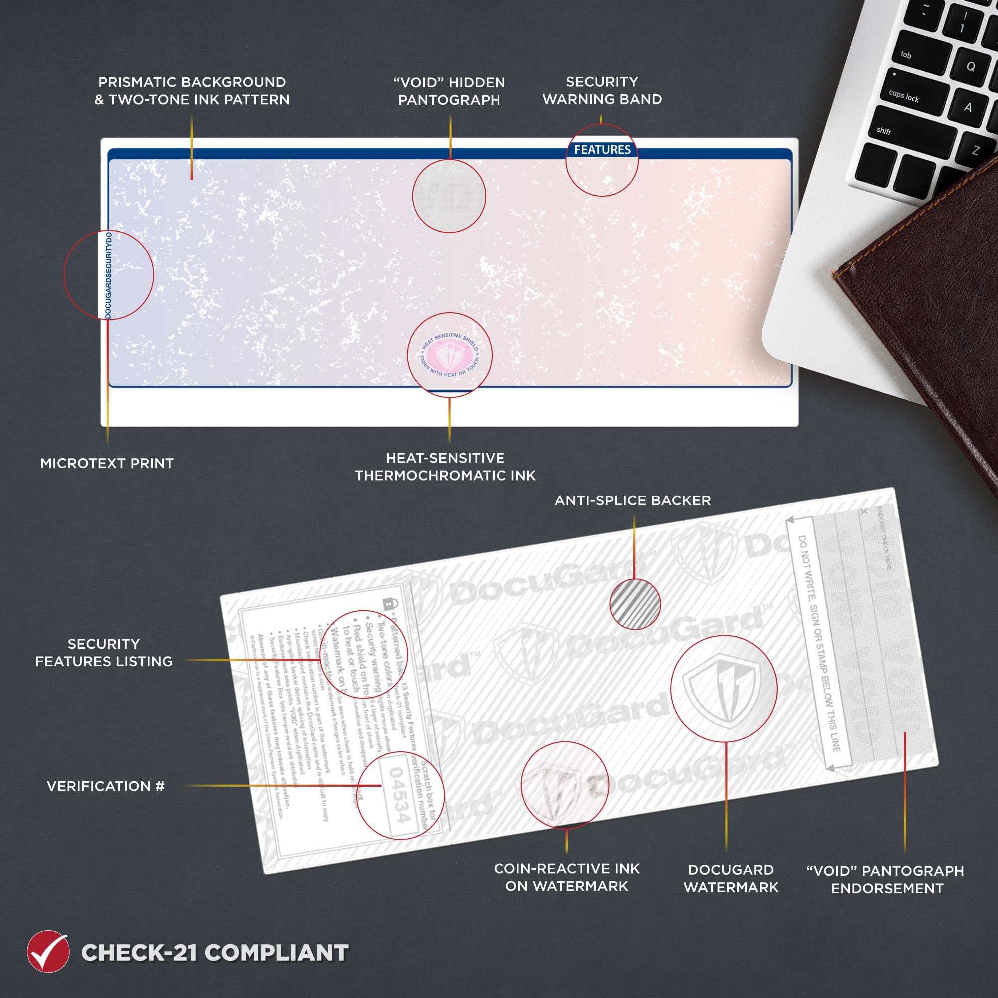 DocuGuard Blue/Red Premier Prismatic High Security Check Paper - 500 Blank Business Checks (04534) | Laser & Inkjet Printer Compatible | 13 Advanced Security Features | Ideal for Small Business Banking & Financial Transactions