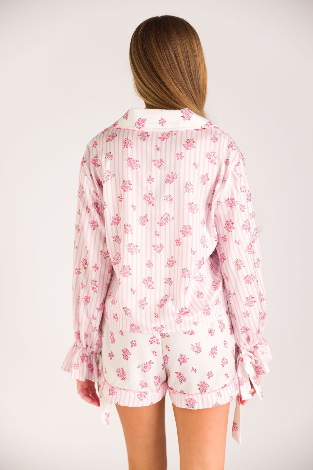 Lottie Women's Satin Pajama Set - Floral & Striped Sleepwear in White/Pink - Soft Comfortable Nightwear for Lounge, Sleep & Relaxation