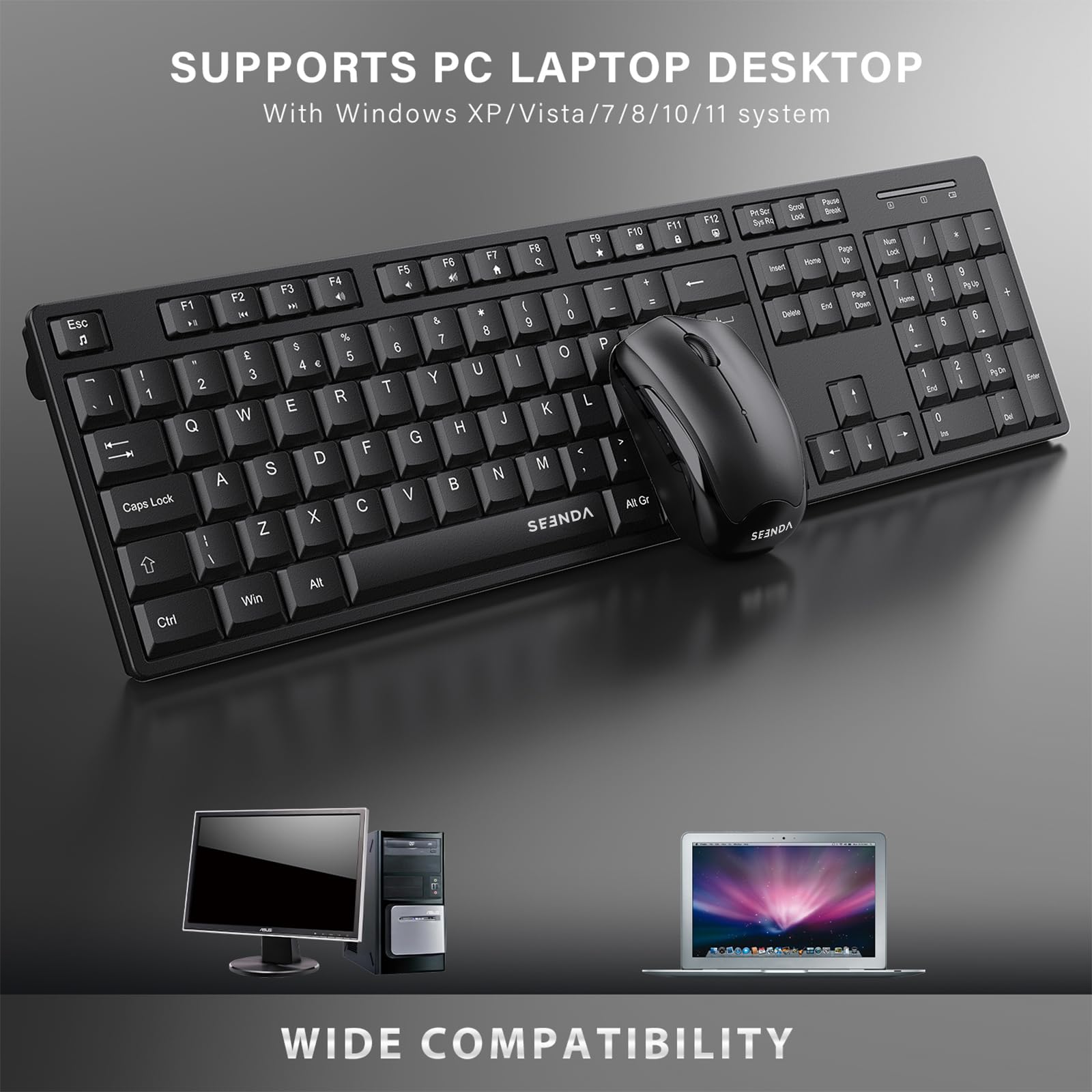 2.4G Wireless Keyboard and Mouse Set with USB Receiver - Full Size QWERTY UK Layout, Numeric Keypad & Multimedia Shortcuts for Windows PC/Laptop - Ergonomic Black Design for Office Work & Gaming