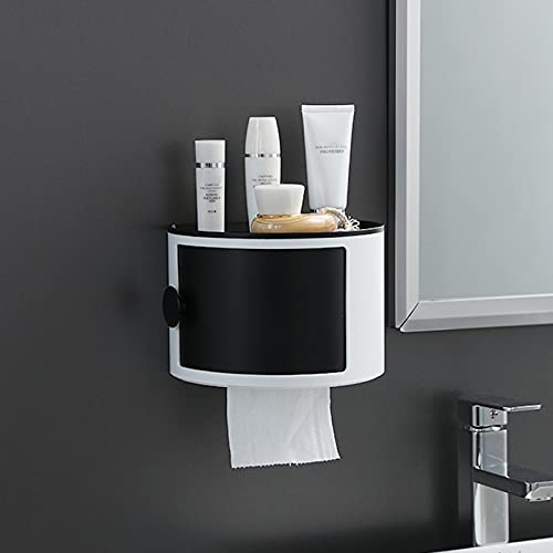 Waterproof Adhesive Wall Mount Toilet Paper Holder with Storage Drawer - Black Tissue Dispenser Box (6.61 x 5.43 Inch) - Perfect for Bathroom, Kitchen, Office Desk Organization & Space Saving