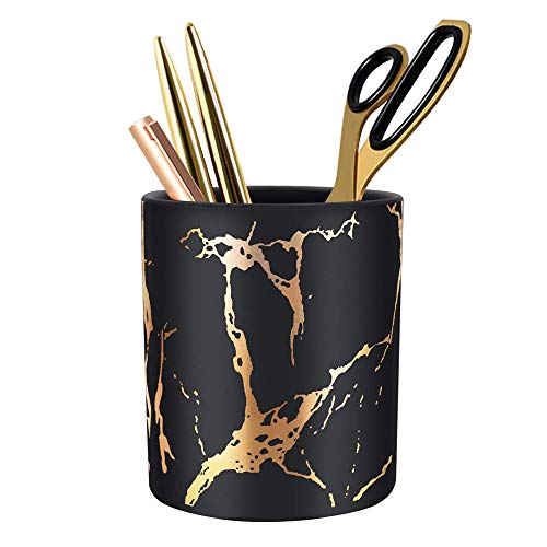 Premium Marble Makeup Brush Holder - Cosmetic Organizer & Pencil Storage Vase for Beauty Vanity | Heavy Duty Bathroom & Bedroom Countertop Organizer (Black) - Perfect for Makeup Artists & Home Decor
