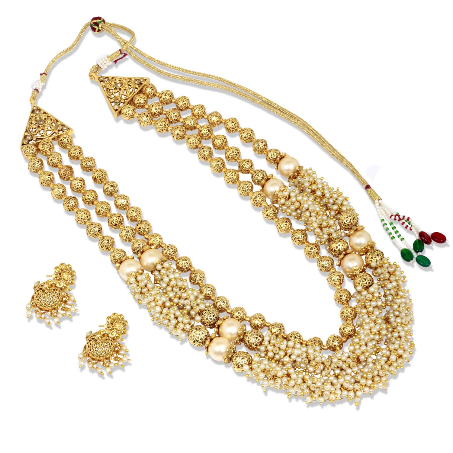 Authentic Indian Bollywood Gold Plated Crystal Pearl Beaded Bridal Necklace Set | Traditional Rani Haar Jewelry for Women & Girls | Perfect for Weddings, Parties & Festive Occasions