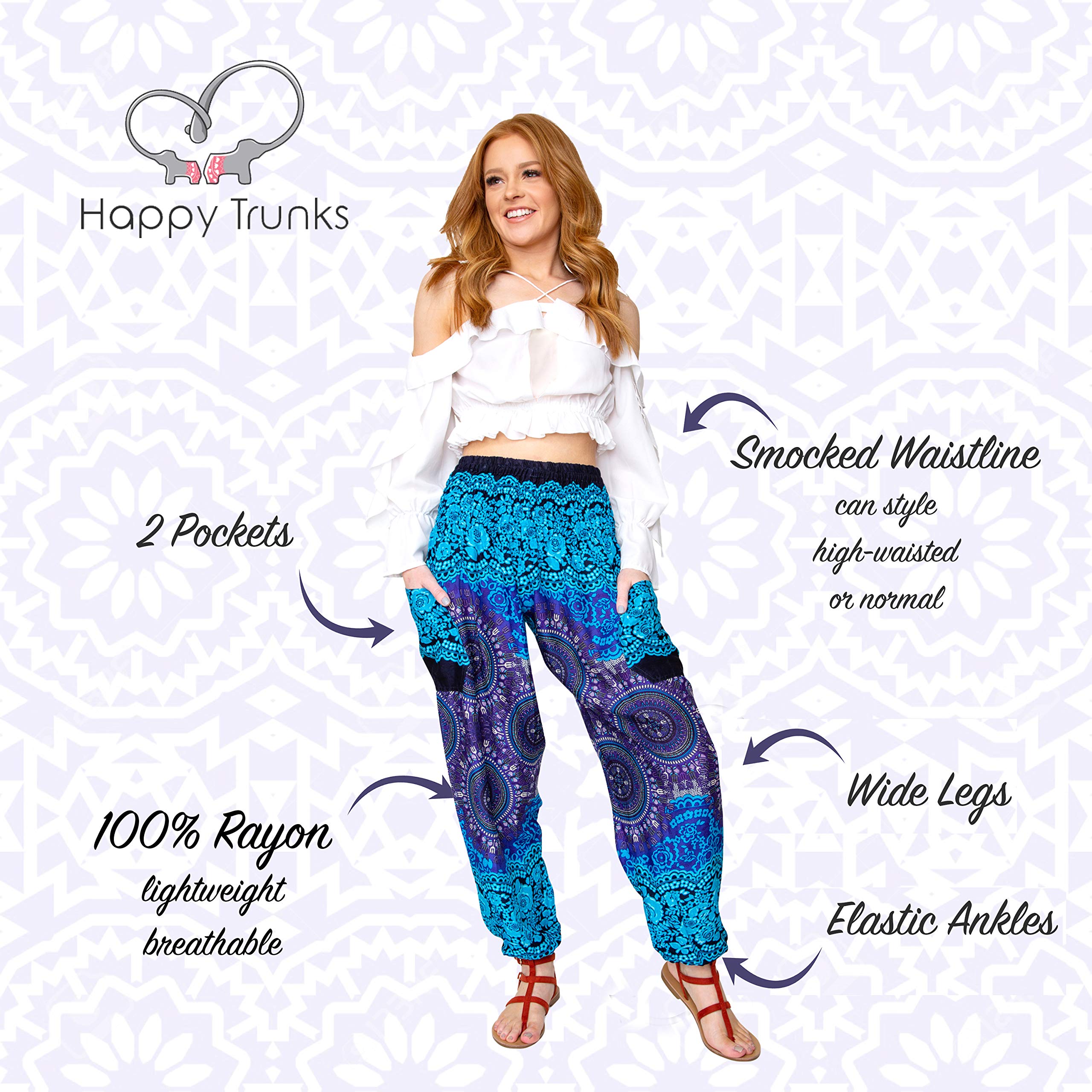 Happy Trunks Harem Pants for Women - Soft Yoga Pants with Pockets (Sizes S-XXL) | Hippie Boho Clothes | Perfect for Yoga, Beach Lounge & Festival Outfits