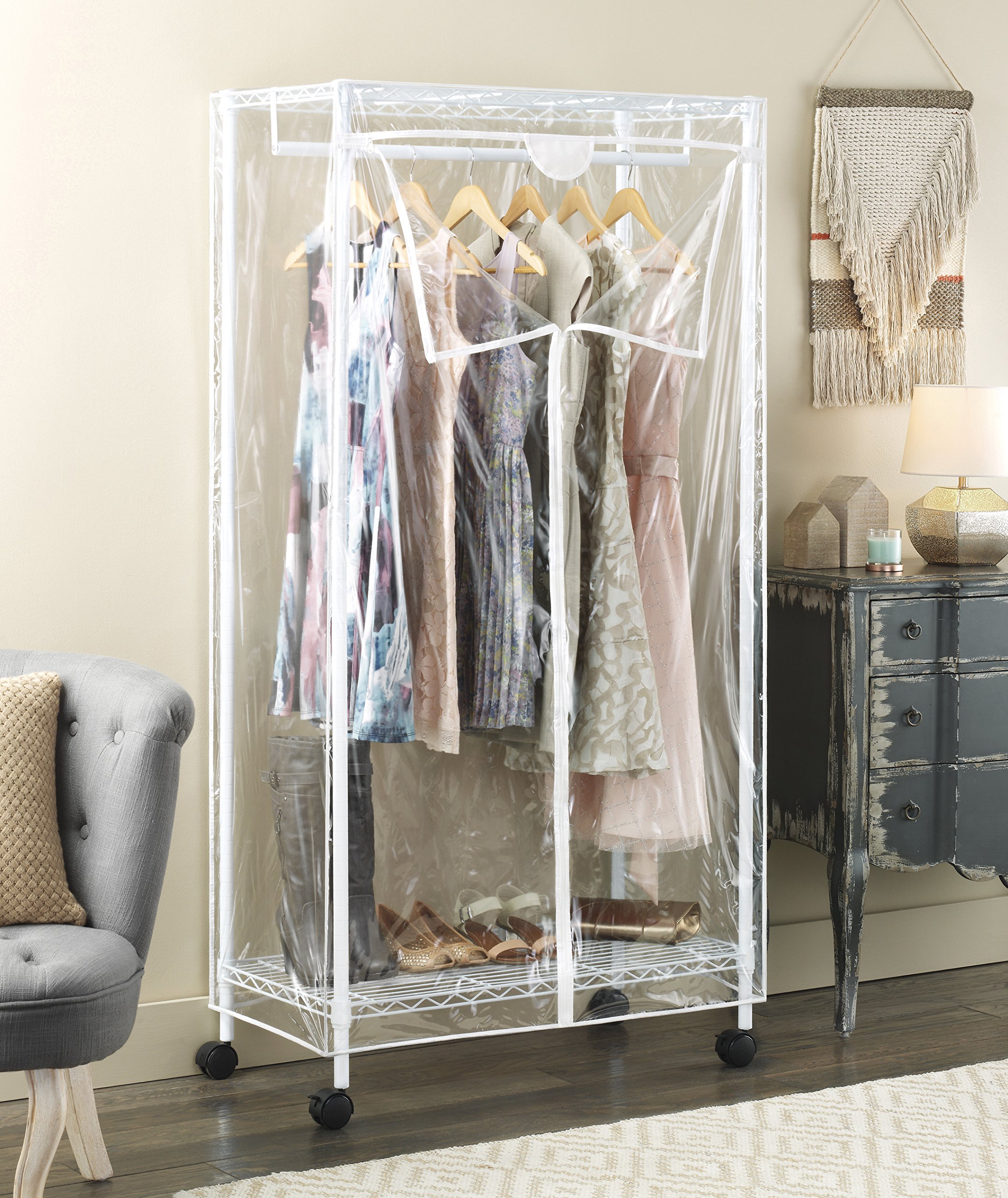 Whitmor Supreme Clothes Closet Organizer - Large White Freestanding Wardrobe with Shelves for Bedroom, Closet, or Dorm Storage