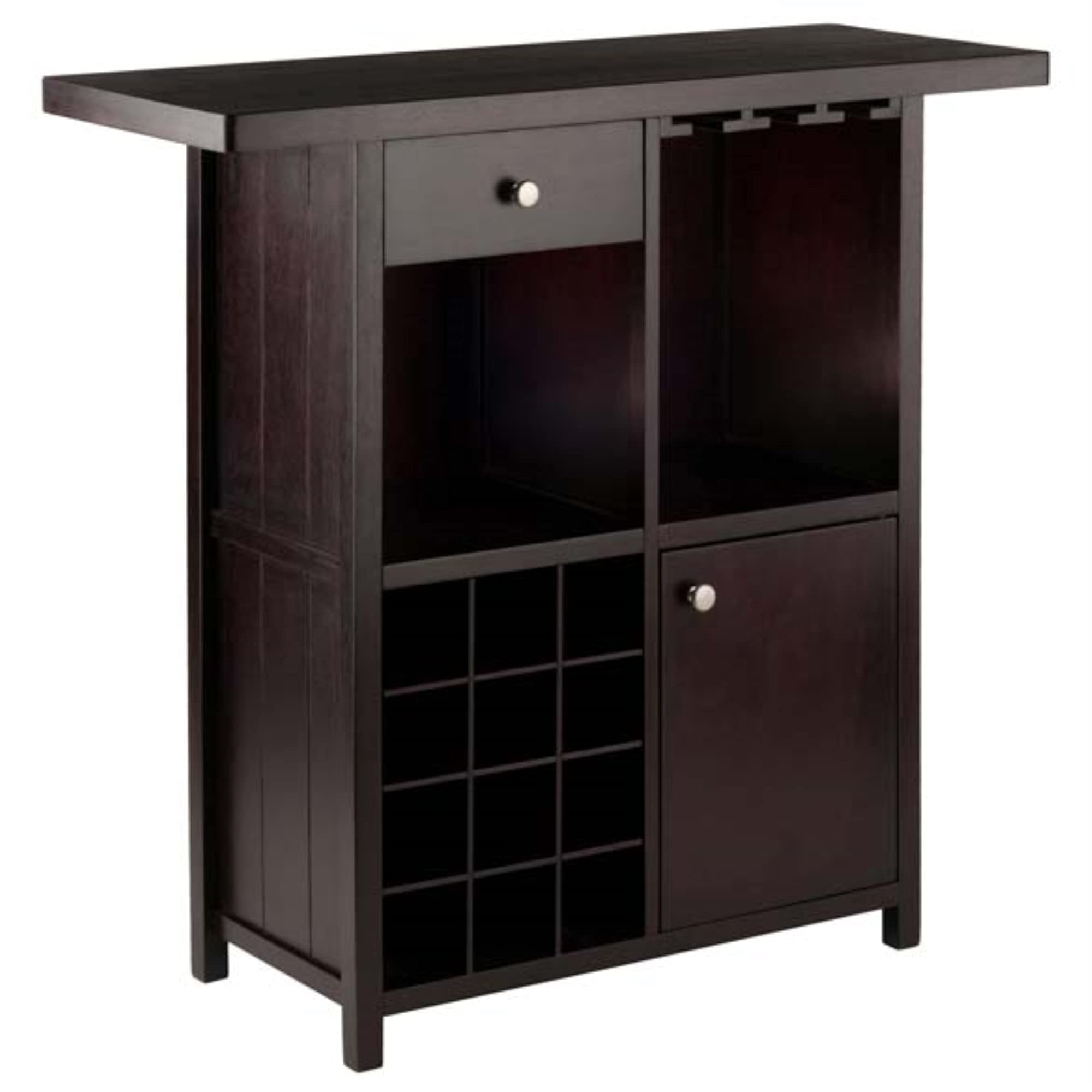 Premium Macon Wine Bar with Espresso Finish - 12 Bottle Capacity, Open Shelves & Cabinet Storage, Stemware Holder - Solid Wood Construction, Easy Assembly - 40