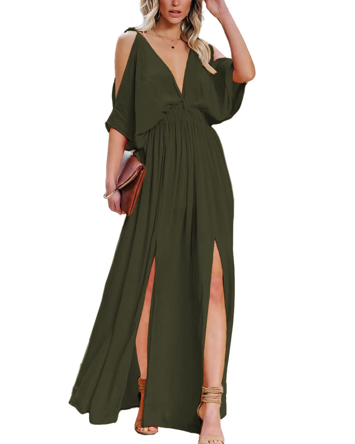 DEEP SELF Women's Summer V-Neck Cold Shoulder Short Sleeve Maxi Dress - High Waist Split Wedding Guest Long Dress for Beach, Party & Special Occasions