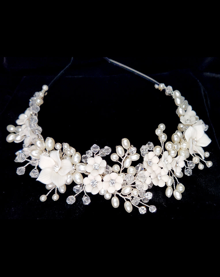 Elegant Porcelain Floral Pearl Headband for Weddings & Bridal | Nadia by Johnny B Collection at Kezani | Perfect for Bridal Showers, Ceremonies & Special Occasions