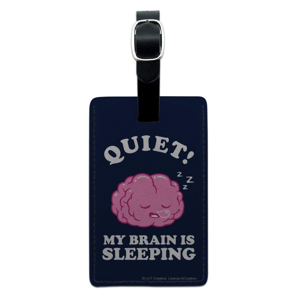 Funny Leather Luggage Tag - 'Quiet My Brain is Sleeping' Humorous ID Card Holder for Travel Bags & Suitcases - Perfect for Airports, Business Trips and Vacation