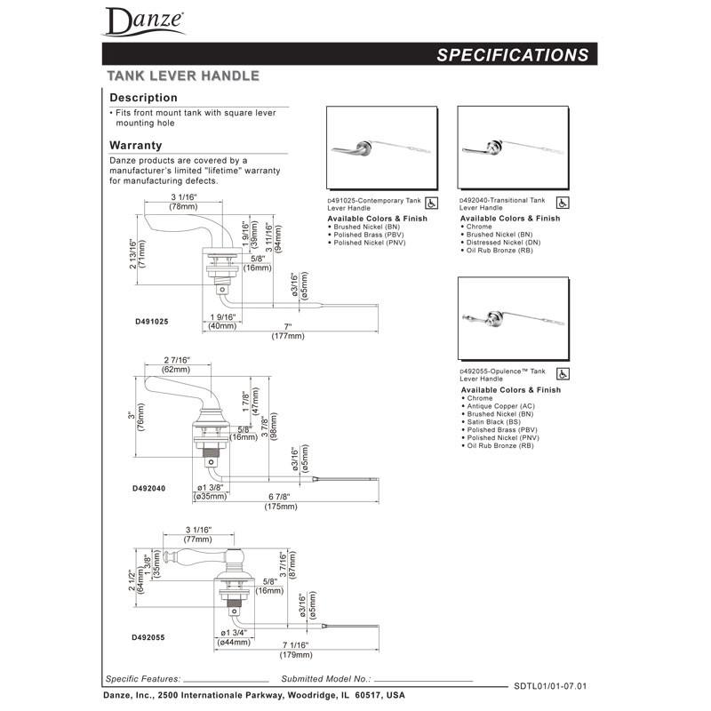 Danze Opulence Sheridan Collection Brushed Nickel Toilet Tank Lever - Premium Flush Handle Replacement for Bathroom Renovation - Perfect for Modern and Classic Home Decor Styles