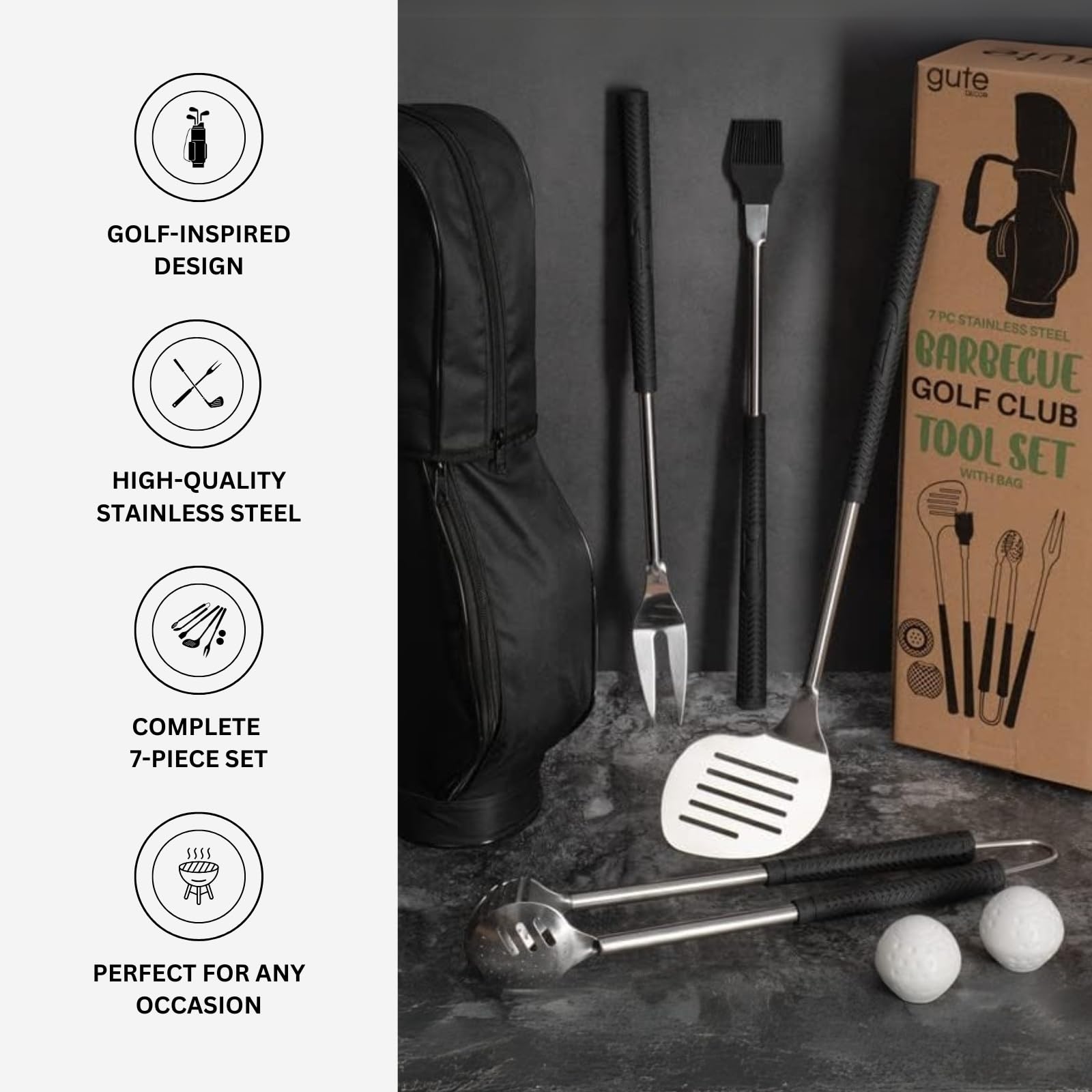 Premium 7-Piece BBQ Grill Tools Set with Rubber Handles - Stainless Steel Grilling Accessories for Outdoor Cooking | Perfect Golf Gifts for Men, Dad & Father's Day | Ideal for Backyard BBQs, Tailgating & Camping Trips
